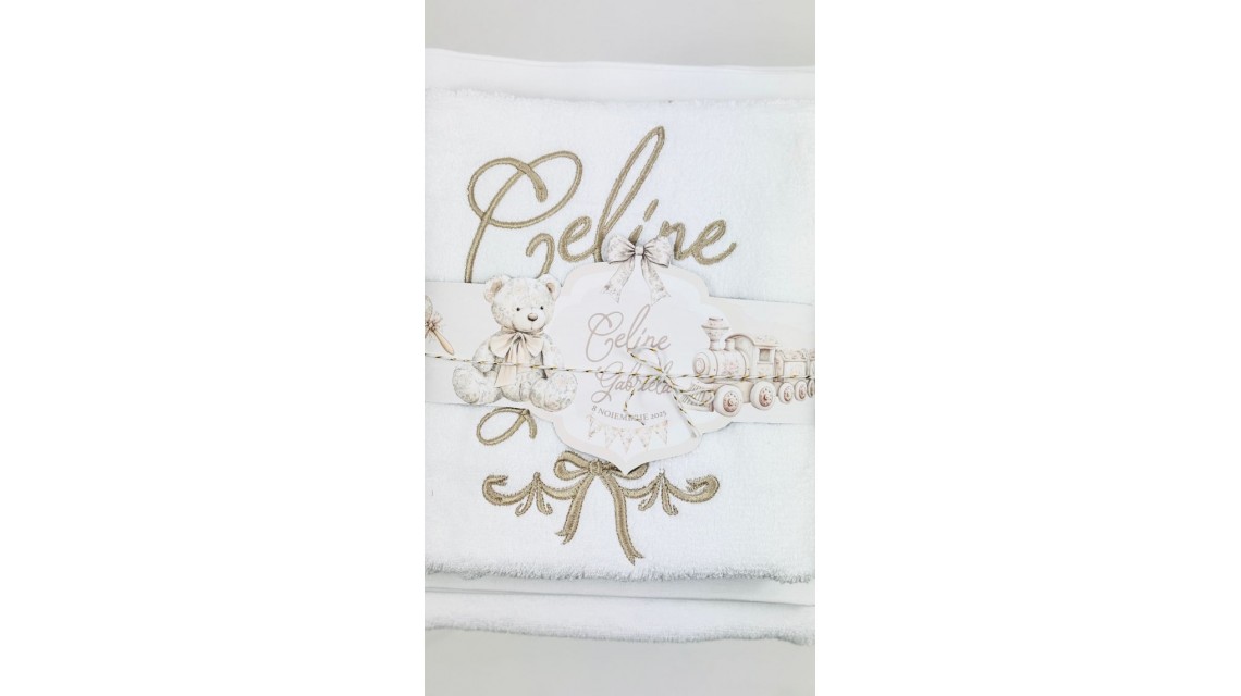 Trusou botez Nude Teddy Bear Toile de Jouy bej crem cu accente light pink și pattern floral vintage 12